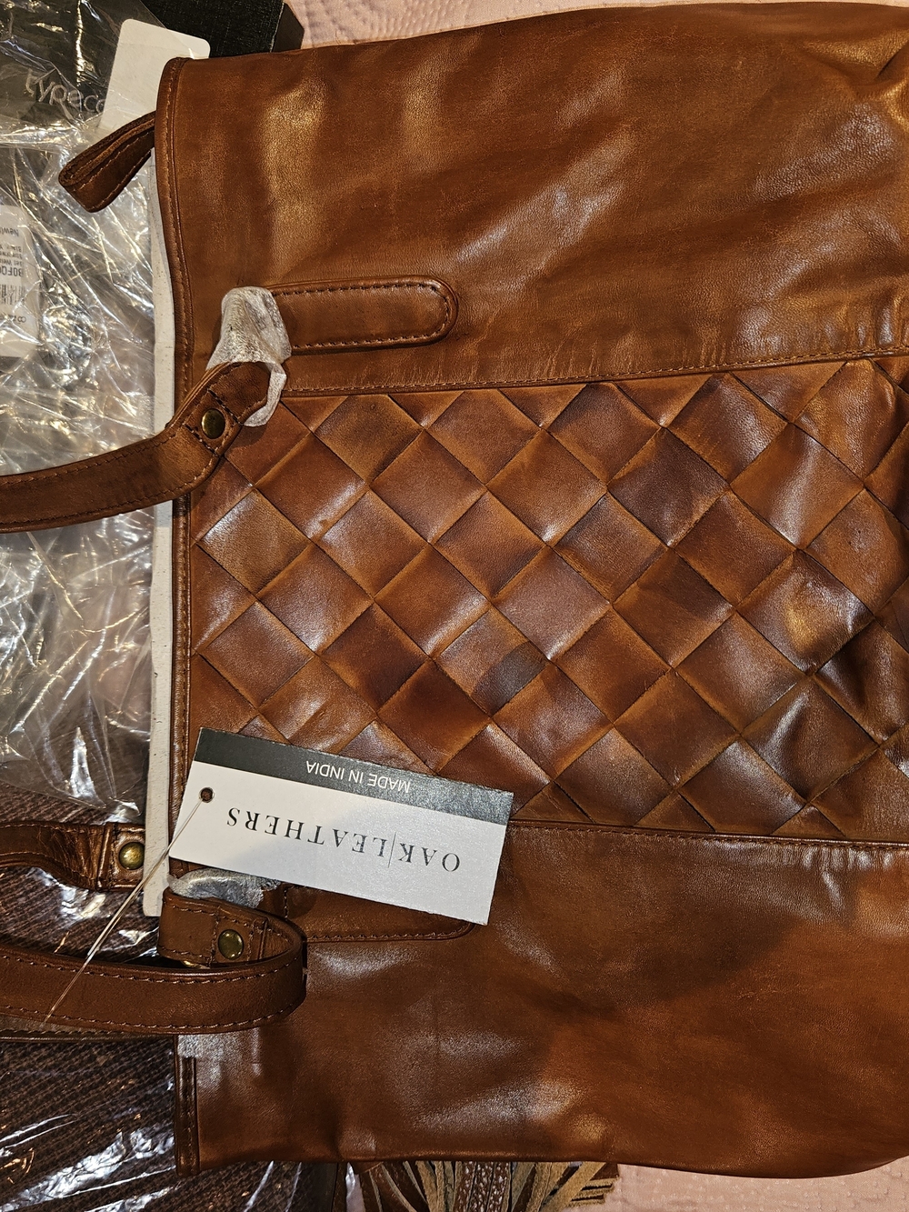 Tan Woven-Panel Shoulder Bag